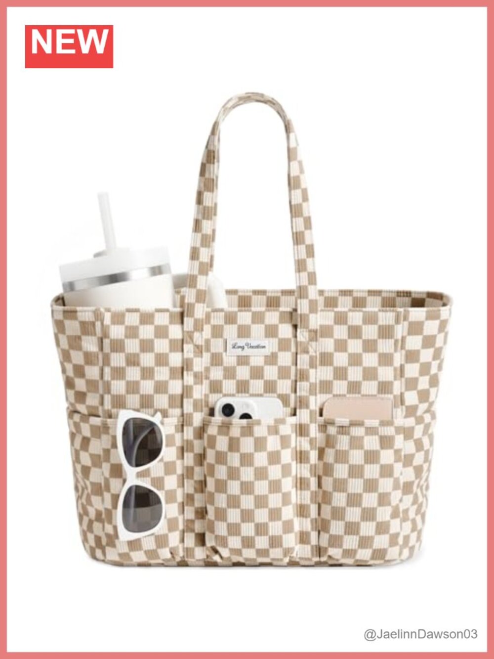LONG VACATION Corduroy Tote Bag with 16 Pockets - Large Laptop Work Travel Bag